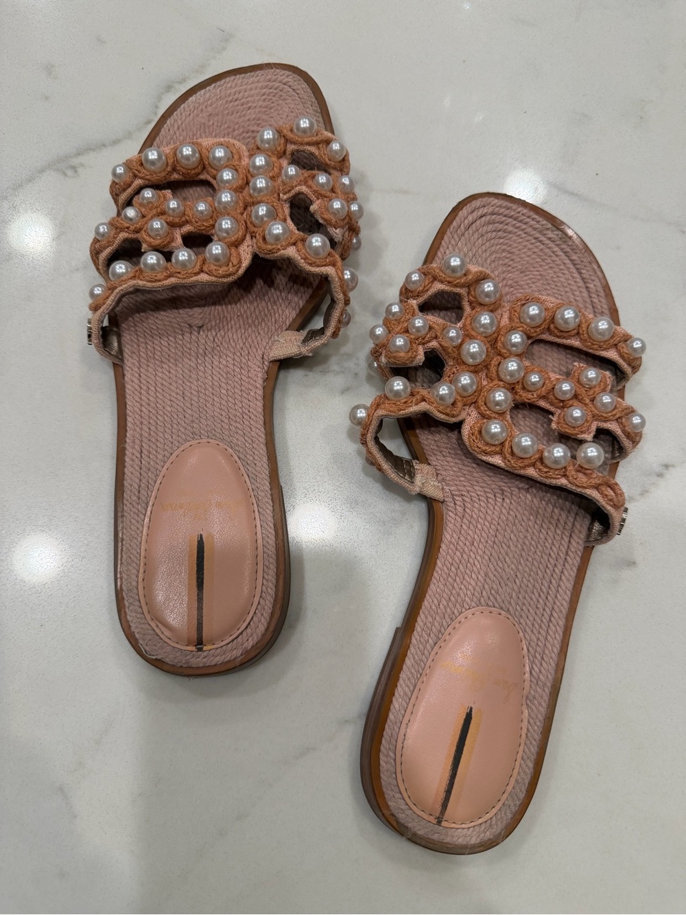 Sam Edelman Blush Pink Pearl-Trim Slide Mules
